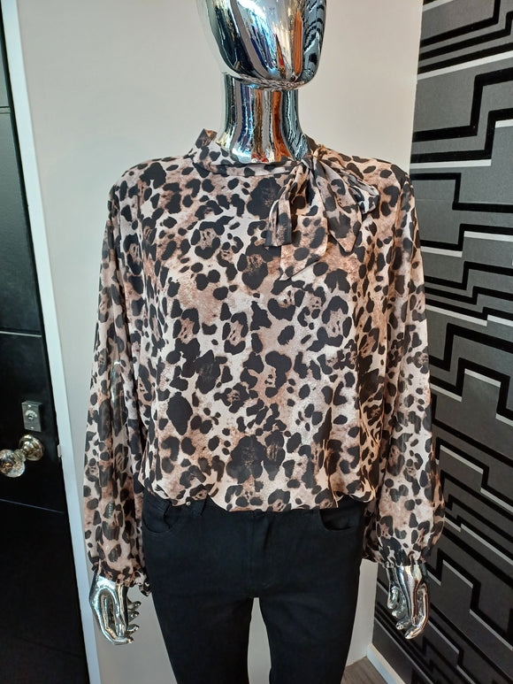 Leopard Tie Neck Blouse