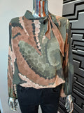 Khaki Print Tie Neck Blouse