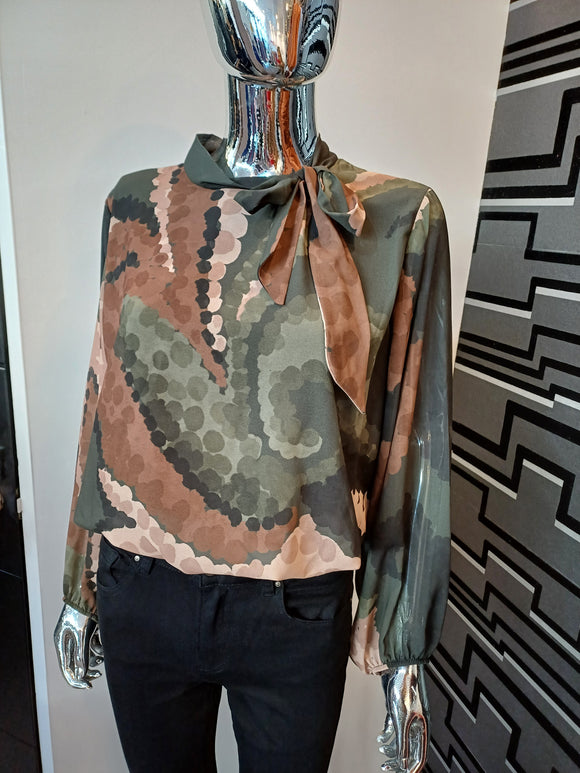 Khaki Print Tie Neck Blouse