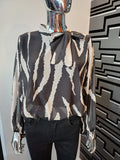 Black/Beige Print Tie Neck Blouse