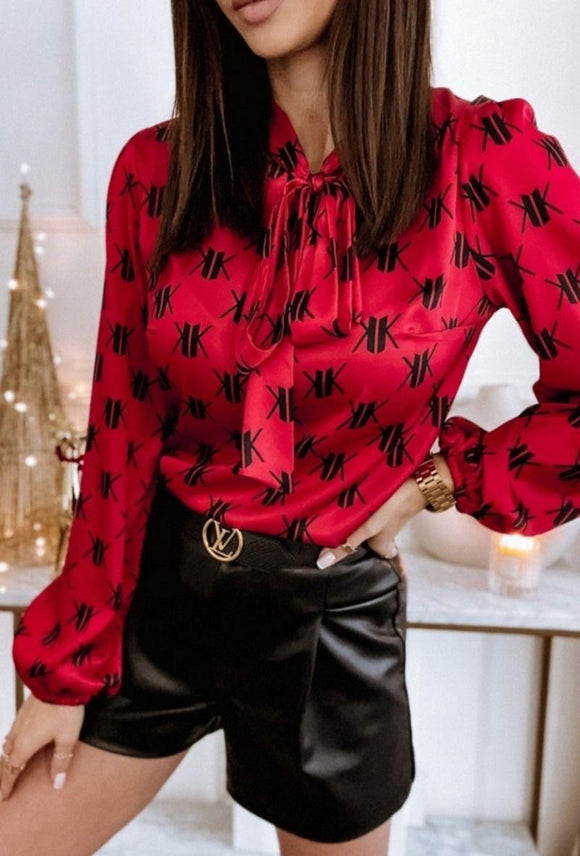 Red print pussy bow blouse