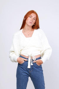 White chunky knit wrap top