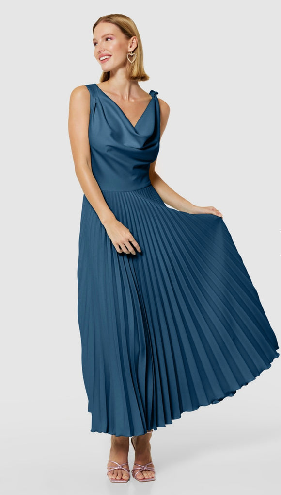 CLOSET LONDON NAVY PLEATED COWL NECK DRESS