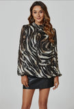 Silver Thread Zebra Print Long Sleeve Blouse Top in Black