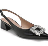 Flat black diamonte sling back