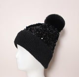 Black sequin pom pom hat