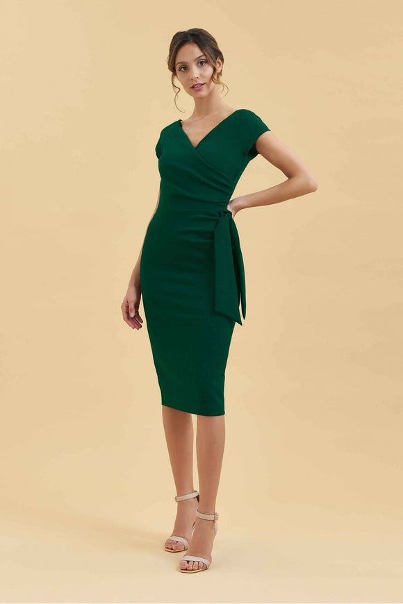 Forest Green Hourglass Faux Wrap  Pencil Dress