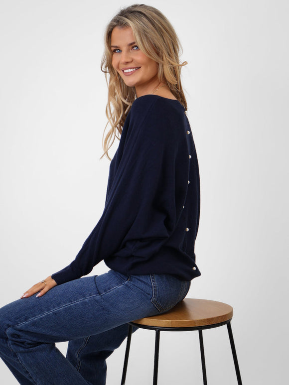 KATE & PIPPA ELBA PEARL DETAIL KNIT JUMPER IN NAVY