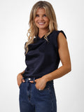 KATE & PIPPA SUZY SATIN COWL NECK TOP IN NAVY