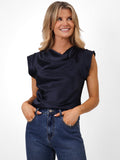 KATE & PIPPA SUZY SATIN COWL NECK TOP IN NAVY