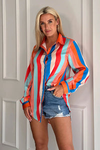 Isla Orange & Blue Stripe High Low Shirt