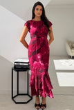 Roxy Boat Neck Abstract Print Frill Midi Pink