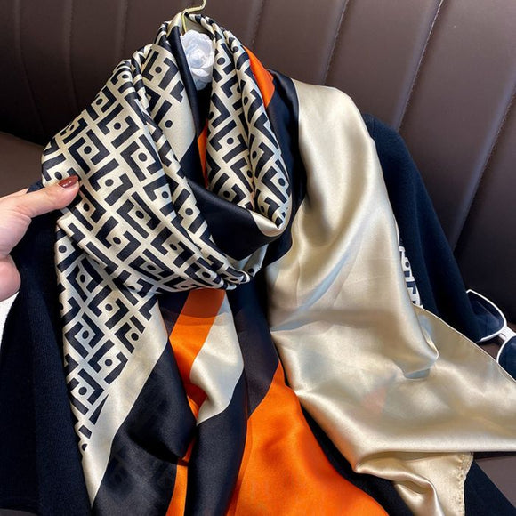 F print satin scarf in Orange/Cream