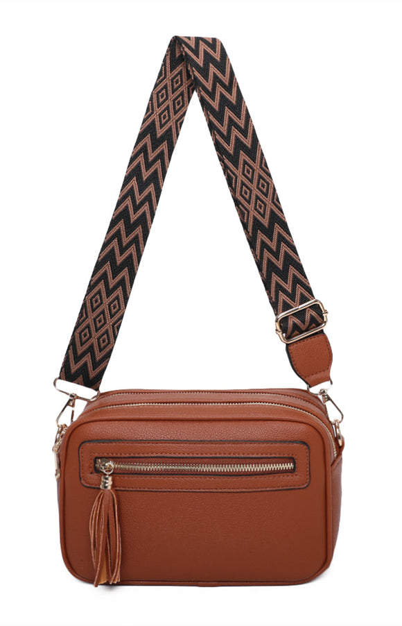 Tan Two Zip Crossbody Bag