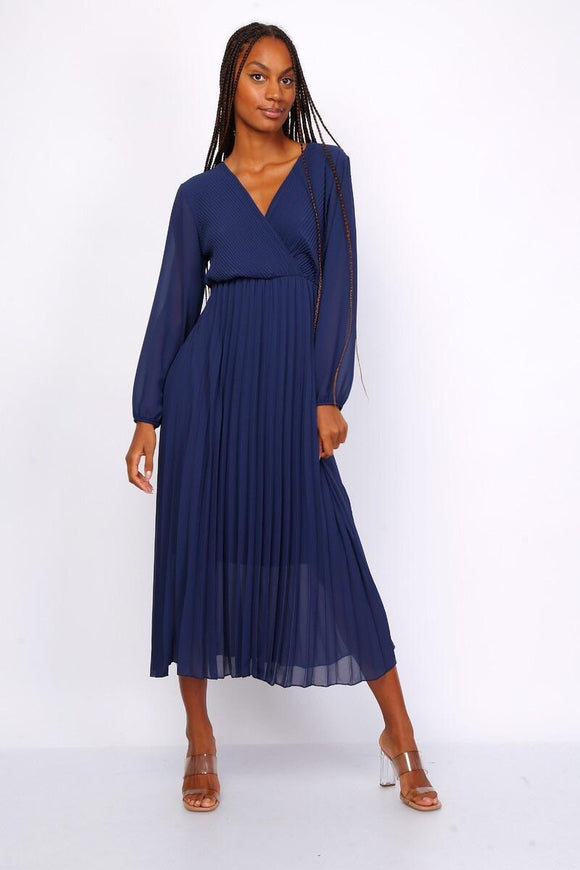 Navy long sleeve Pleated Dress