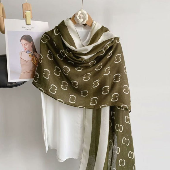 Letter CC Print Cotton Scarf in Kharki