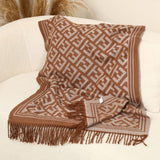 Geometric Patterned Scarf with Fringe in Taupe