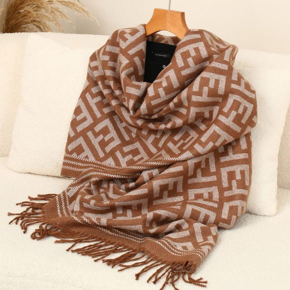 Geometric Patterned Scarf with Fringe in Taupe