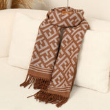 Geometric Patterned Scarf with Fringe in Taupe