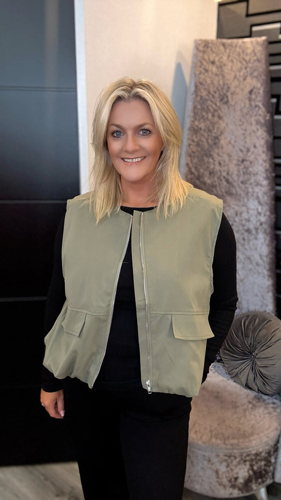 Khaki Sleevless Zip Jacket