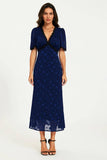 Navy Polka Dot Lace Trim Dress