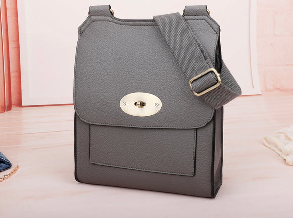Dark Grey Flap Over Messenger Bag With Metal Clasp