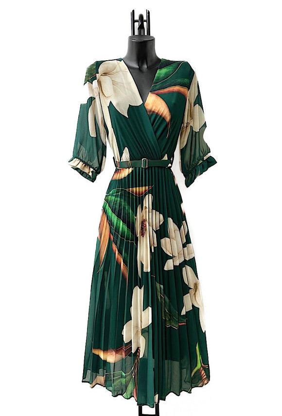 Lisa Emerald Green pleated flower dress