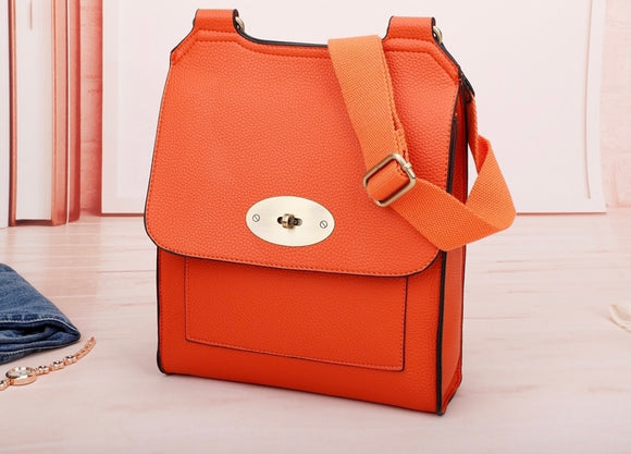 Orange Flap Over Messenger Bag With Metal Clasp