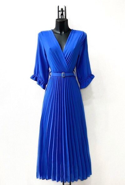 Colbalt Blue Belted Pleated Dress