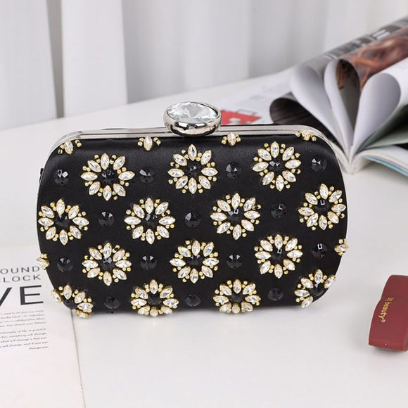 Crystal flowers hand craft clutch bag in Black