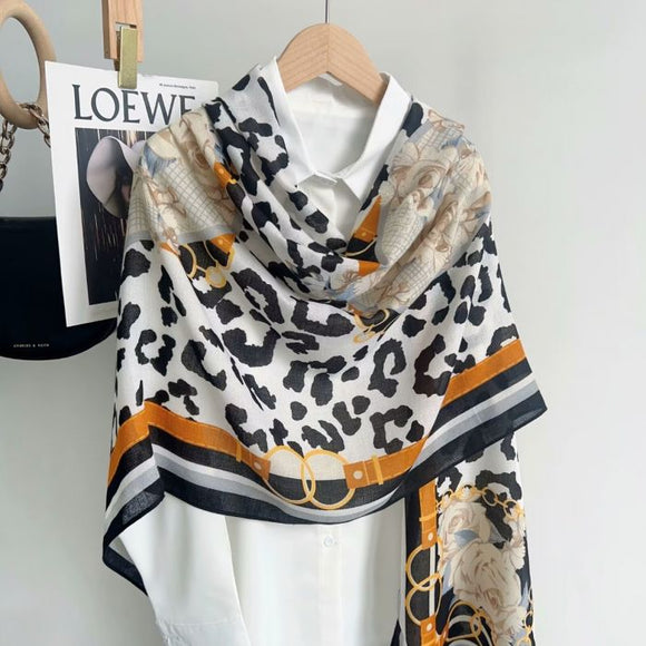 Leopard Print and Floral Pattern Cotton Scarf in Black