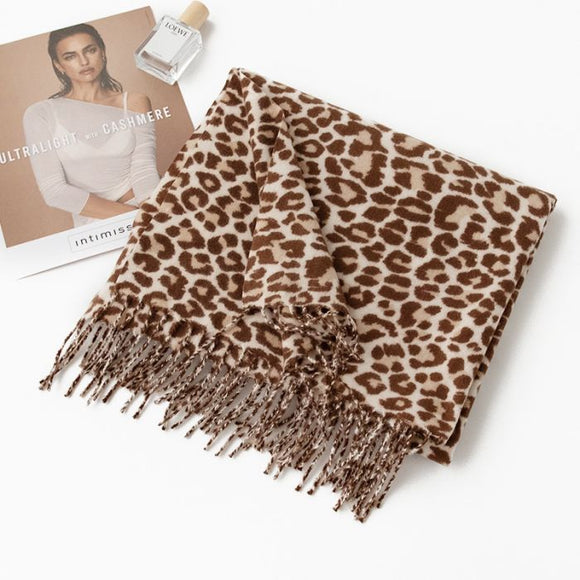 Leopard Fringed Soft Wool Feel Scarf in Taupe