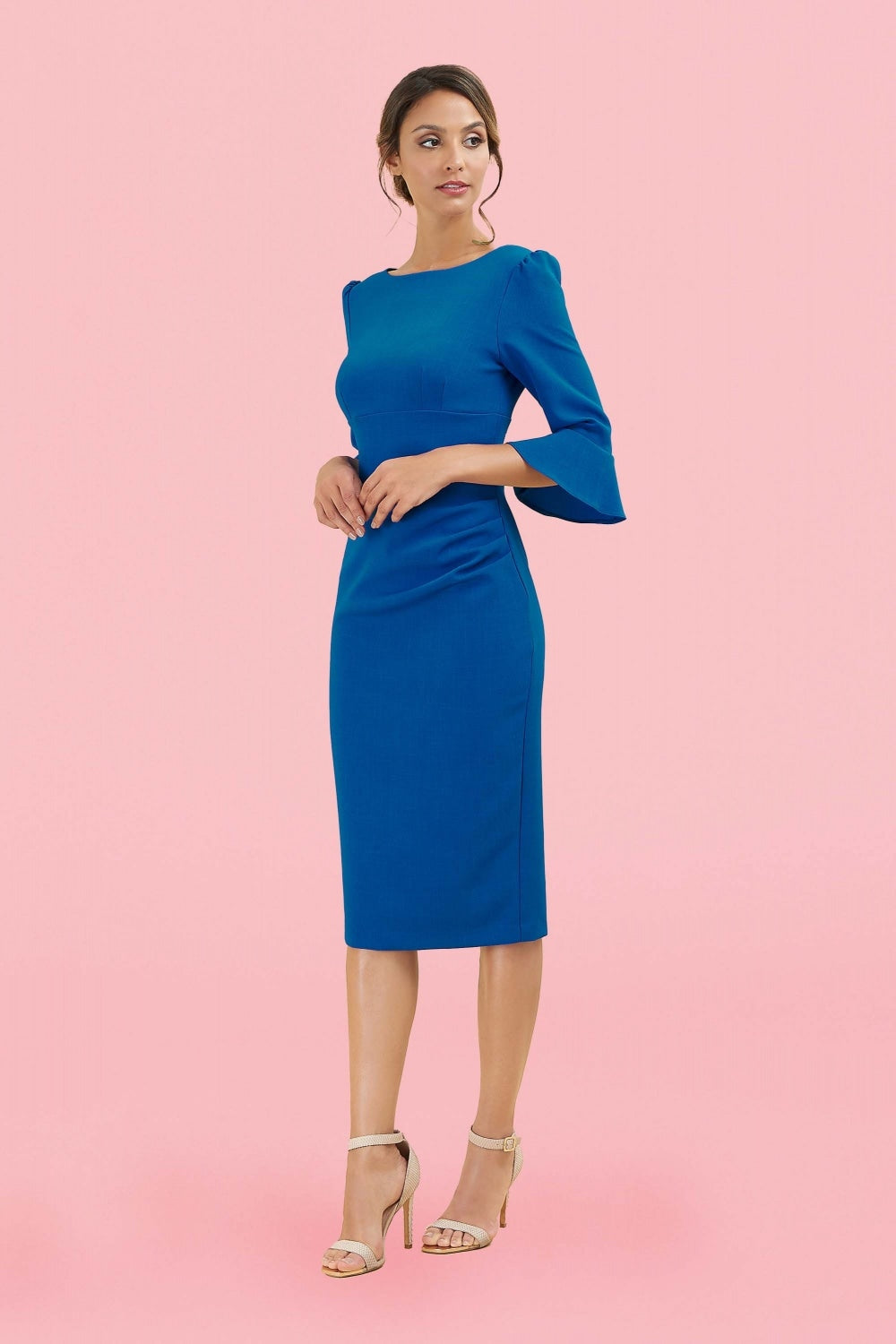 pencil dresses Colbalt Blue ODELLE 3/4 Fluted Sleeve Pencil Dress – L's Boutique Magherafelt