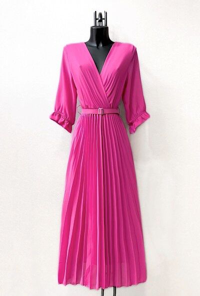 Fuschia Pink Belted Pleated Dress