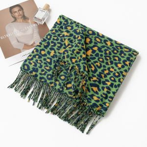 Leopard Fringed Soft Wool Feel Scarf in Green