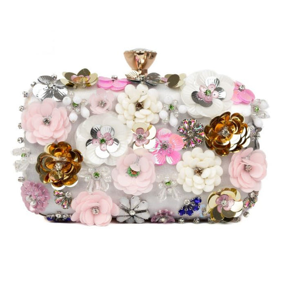 Hand craft floral Embellished Clutch Bag in Silver