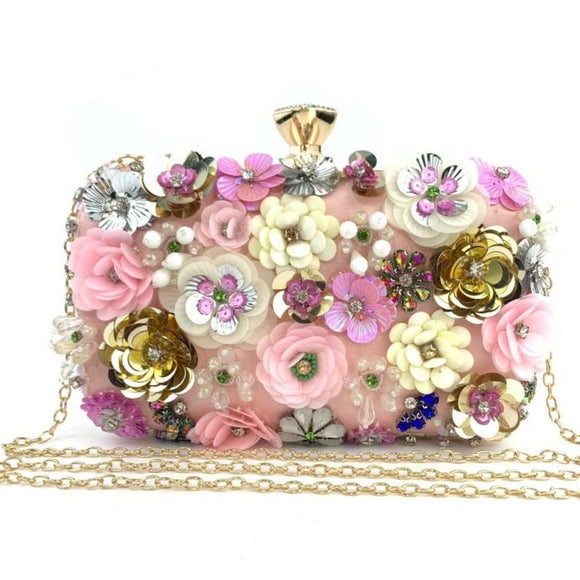 Hand craft floral Embellished Clutch Bag in baby Pink