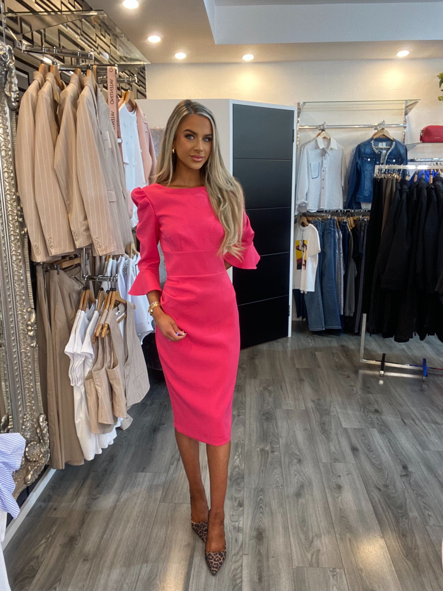 Raspberry ODELLE 3/4 Fluted Sleeve Pencil Dress L's Boutique Magherafelt Raspberry ODELLE 3/4 Fluted Sleeve Pencil Dress L's Boutique Magherafelt
