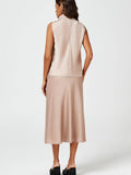 Satin High Neck Sleeveless Blouse in Light Brown