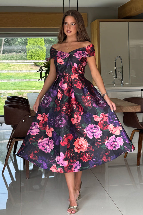 Daphne Off The Shoulder Skater Midi Dress Dark Floral
