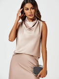 Satin High Neck Sleeveless Blouse in Light Brown