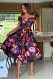 Daphne Off The Shoulder Skater Midi Dress Dark Floral
