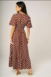 Dot Print Angel Sleeve Brown Dress