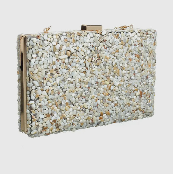 Beige stone look evening clutch bag