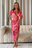 Natasha Blush Floral Angel Sleeve Wrap Midi Dress
