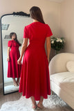 Minta Bow Detail Short Sleeve Midi Dress Red