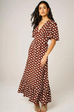 Dot Print Angel Sleeve Brown Dress