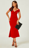 Bardot Pleated Midi Dress in Red