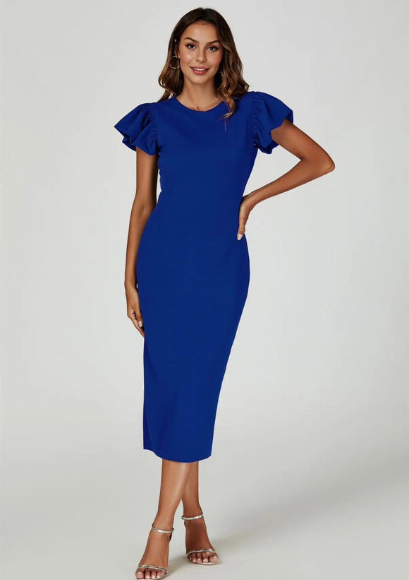 knee length dresses for ladies Royal Blue Volume Sleeve Midi Dress – L's Boutique Magherafelt