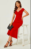 Bardot Pleated Midi Dress in Red